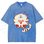 Unisex Valentine's Day Heart Cat Printed Washed Tee