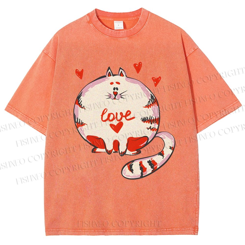 Unisex Valentine's Day Heart Cat Printed Washed Tee