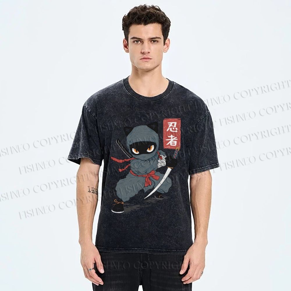 Unisex Ninja Cat Printed Washed Tee