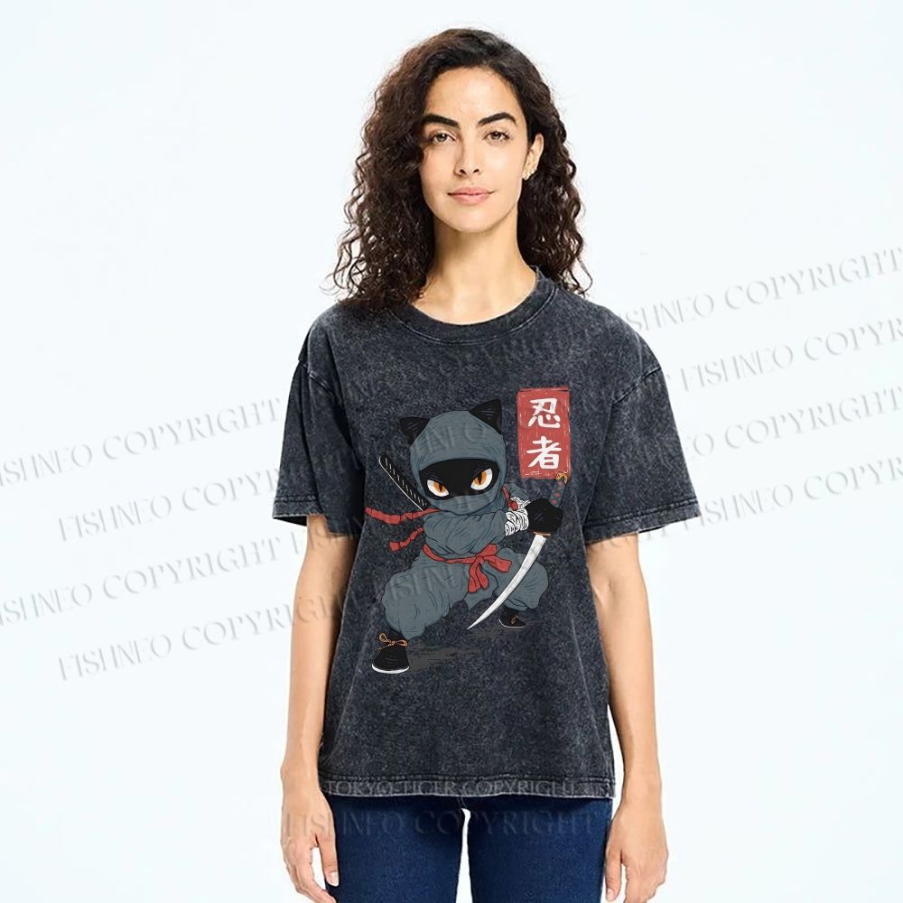 Unisex Ninja Cat Printed Washed Tee