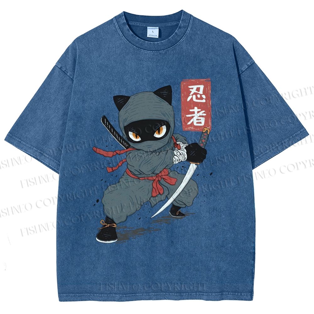 Unisex Ninja Cat Printed Washed Tee