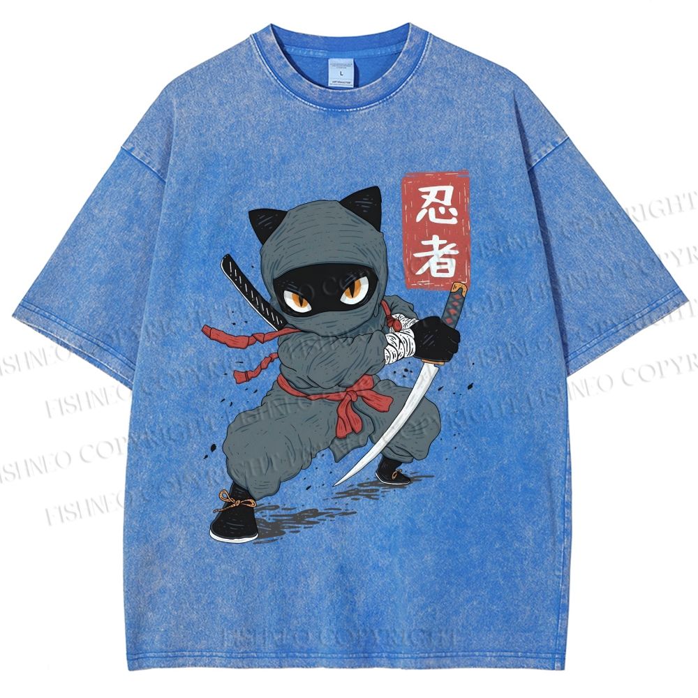 Unisex Ninja Cat Printed Washed Tee