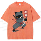Unisex Ninja Cat Printed Washed Tee
