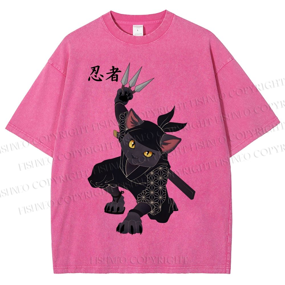 Unisex Ninja Cat Printed Washed Tee