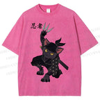 Unisex Ninja Cat Printed Washed Tee