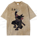 Unisex Ninja Cat Printed Washed Tee
