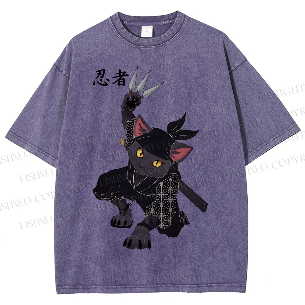 Unisex Ninja Cat Printed Washed Tee