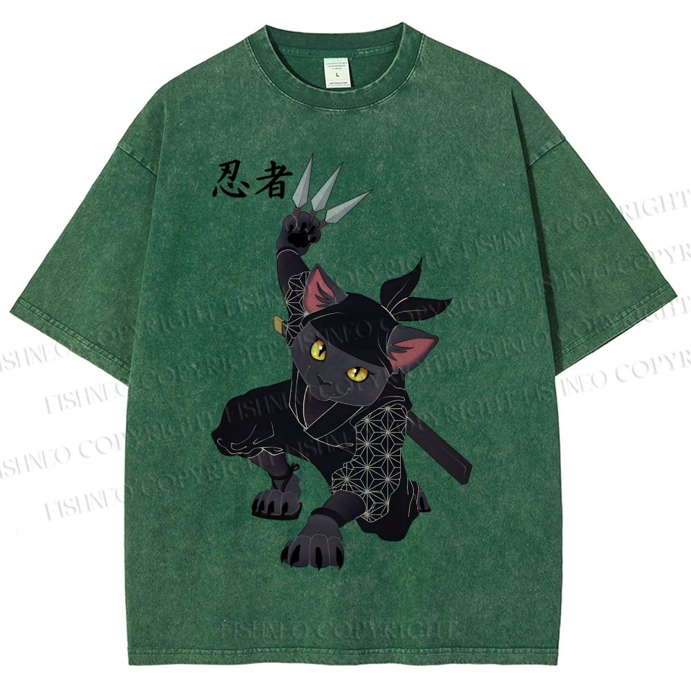 Unisex Ninja Cat Printed Washed Tee