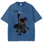 Unisex Ninja Cat Printed Washed Tee