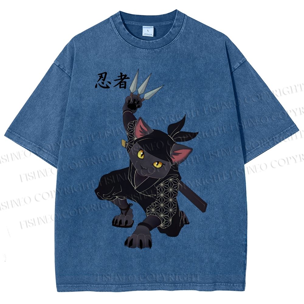 Unisex Ninja Cat Printed Washed Tee