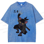 Unisex Ninja Cat Printed Washed Tee