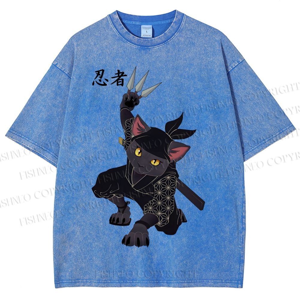 Unisex Ninja Cat Printed Washed Tee