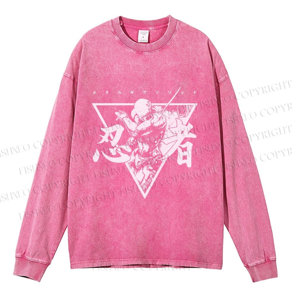 Unisex Casual Washed Metal Gear Printed Long Sleeve T-shirt