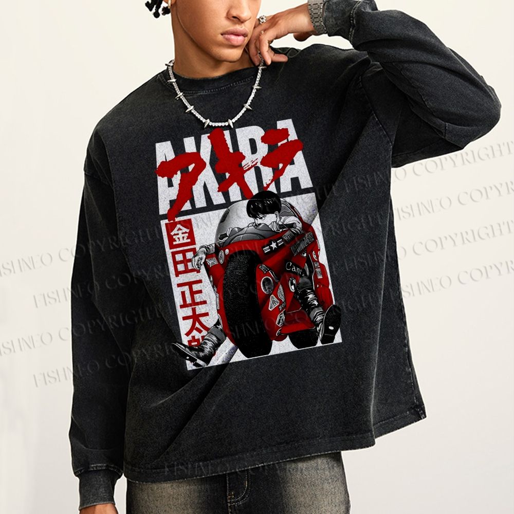 Unisex Casual Washed Akira Vintage Printed Long Sleeve T-shirt