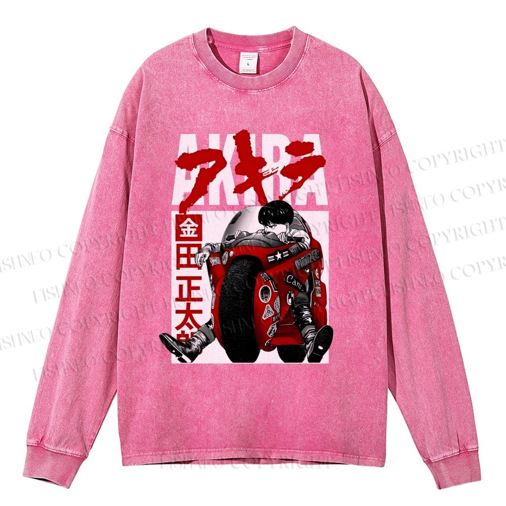 Unisex Casual Washed Akira Vintage Printed Long Sleeve T-shirt