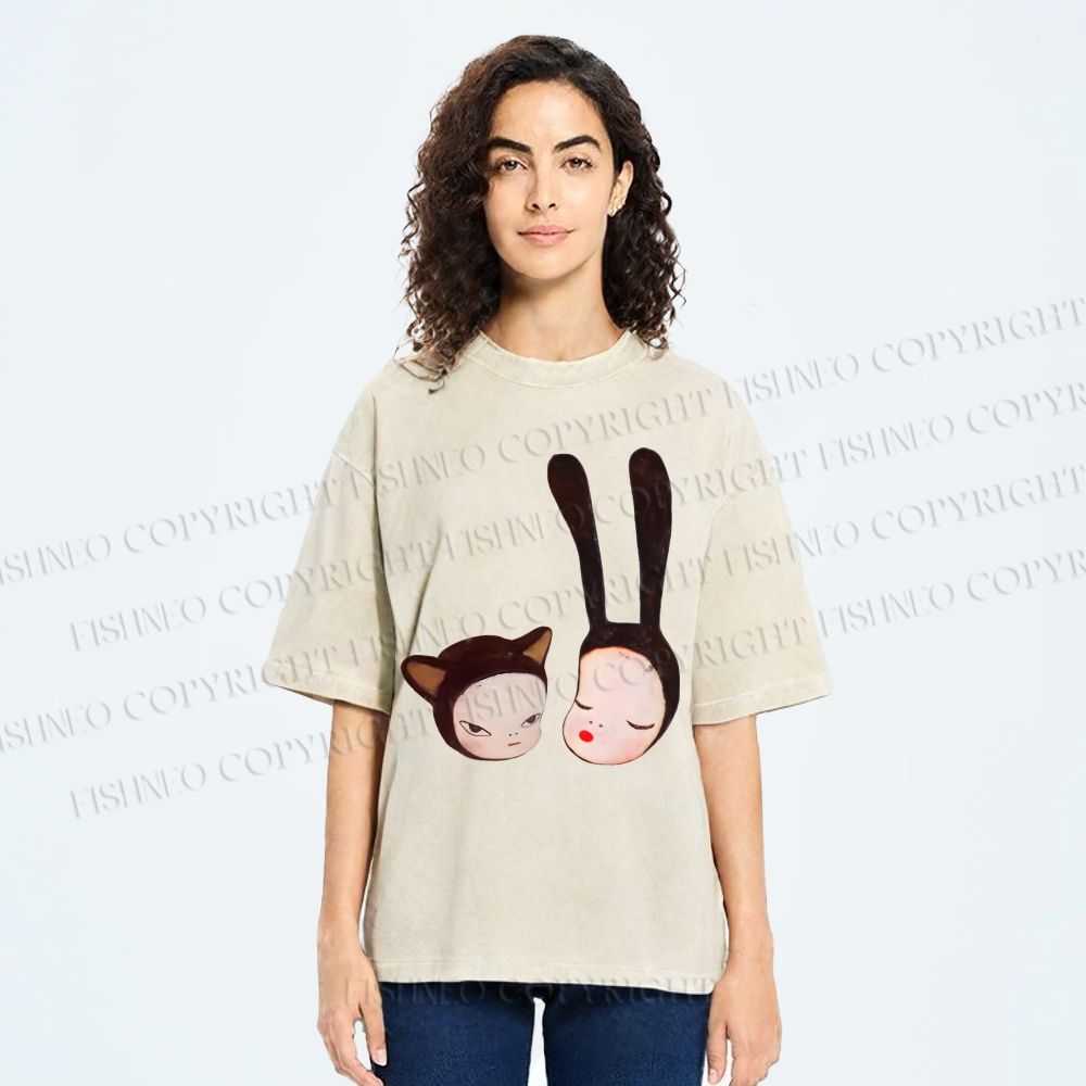Unisex Yoshitomo Nara Rabbit Head Girl Printed Washed Tee