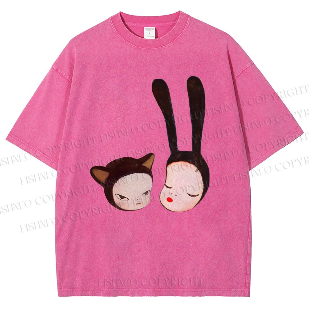 Unisex Yoshitomo Nara Rabbit Head Girl Printed Washed Tee