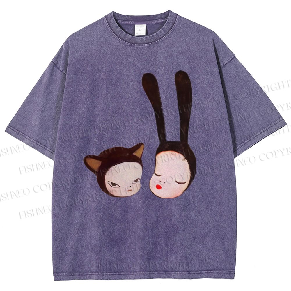 Unisex Yoshitomo Nara Rabbit Head Girl Printed Washed Tee