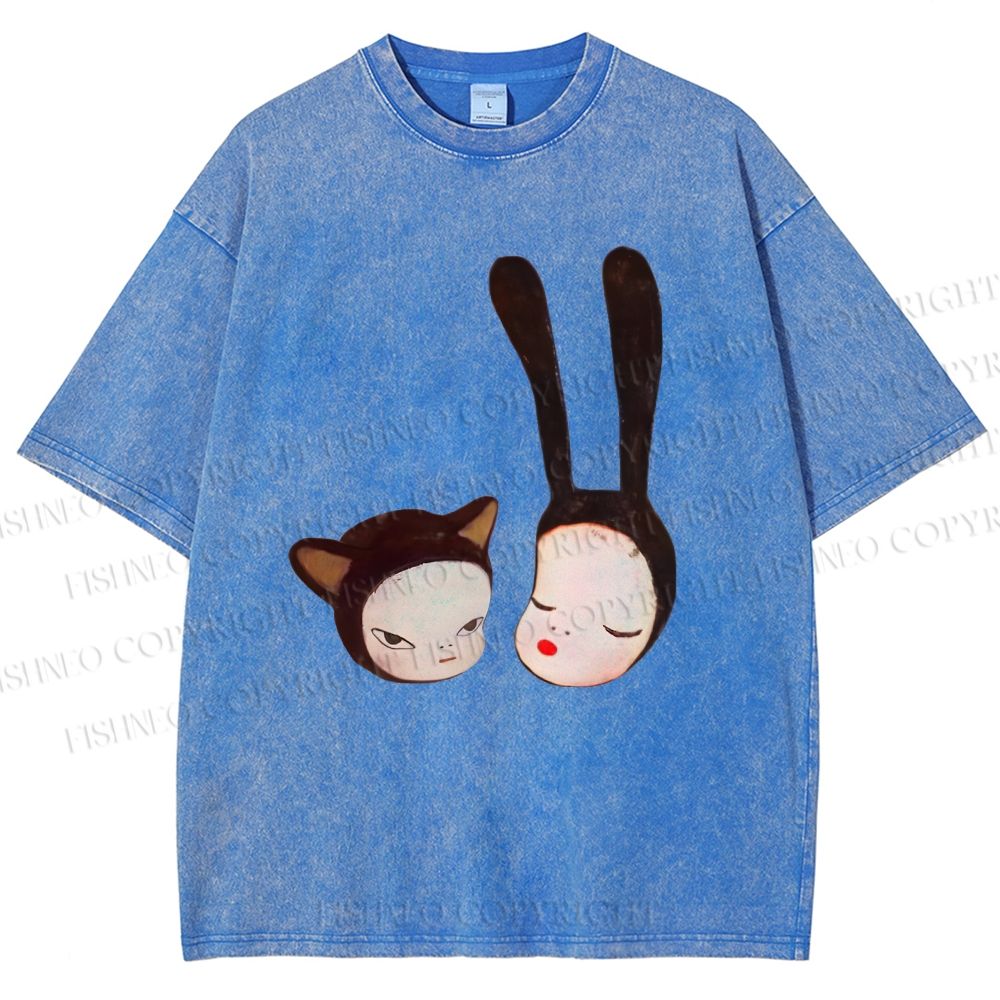 Unisex Yoshitomo Nara Rabbit Head Girl Printed Washed Tee
