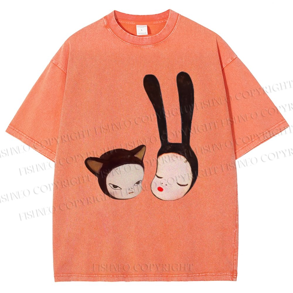 Unisex Yoshitomo Nara Rabbit Head Girl Printed Washed Tee