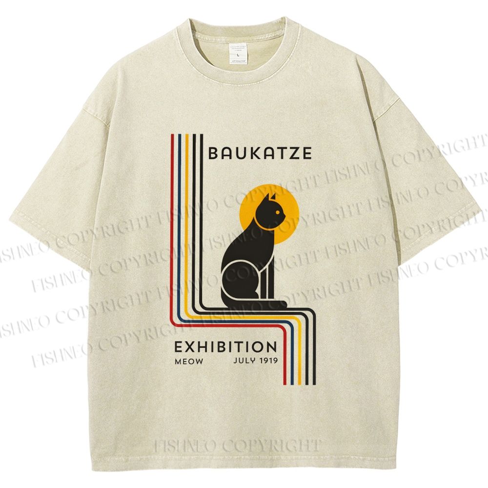Unisex Bauhaus Geometric Cat Printed Washed Tee