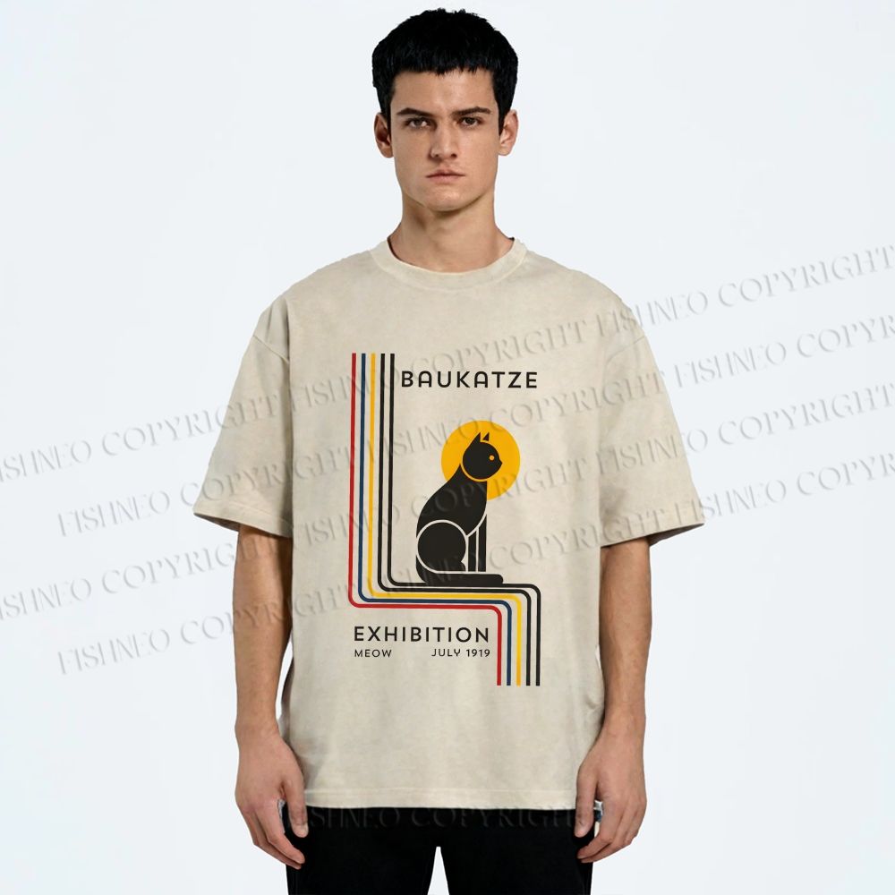 Unisex Bauhaus Geometric Cat Printed Washed Tee