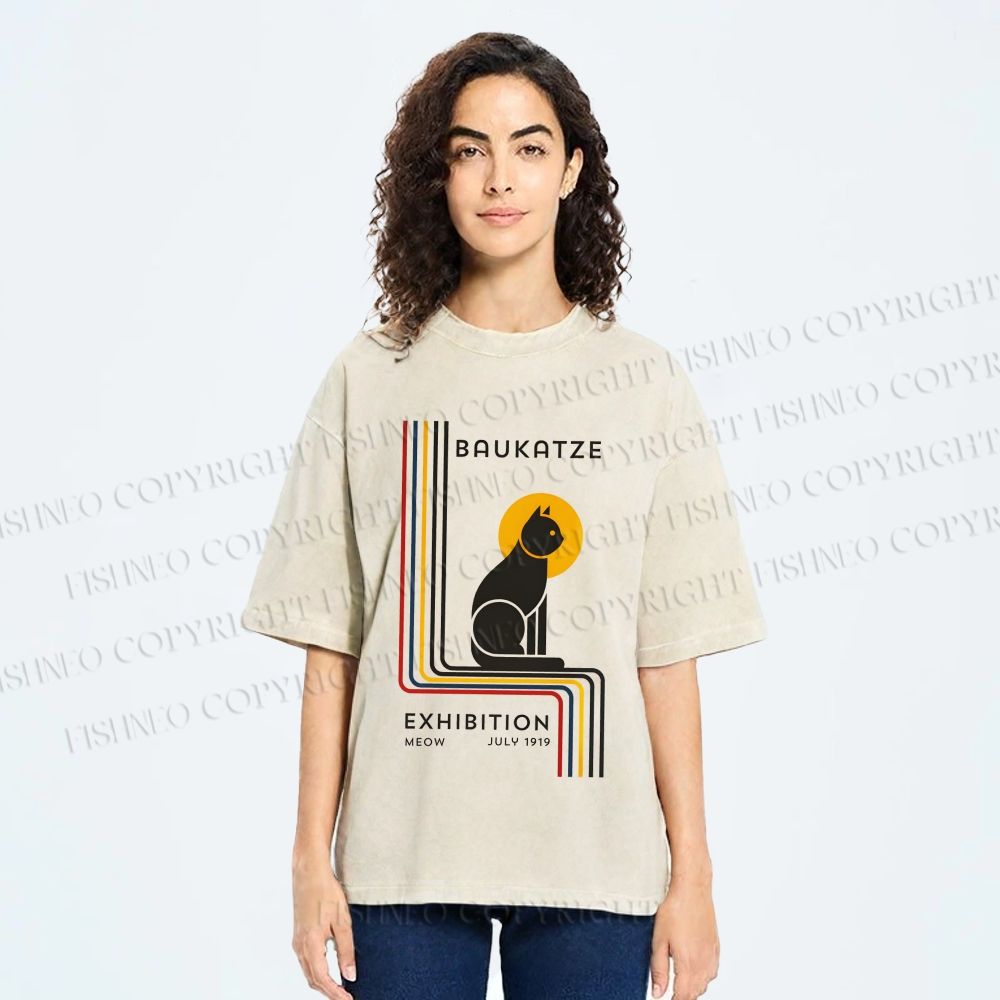 Unisex Bauhaus Geometric Cat Printed Washed Tee