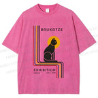 Unisex Bauhaus Geometric Cat Printed Washed Tee