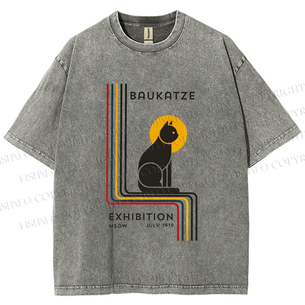 Unisex Bauhaus Geometric Cat Printed Washed Tee