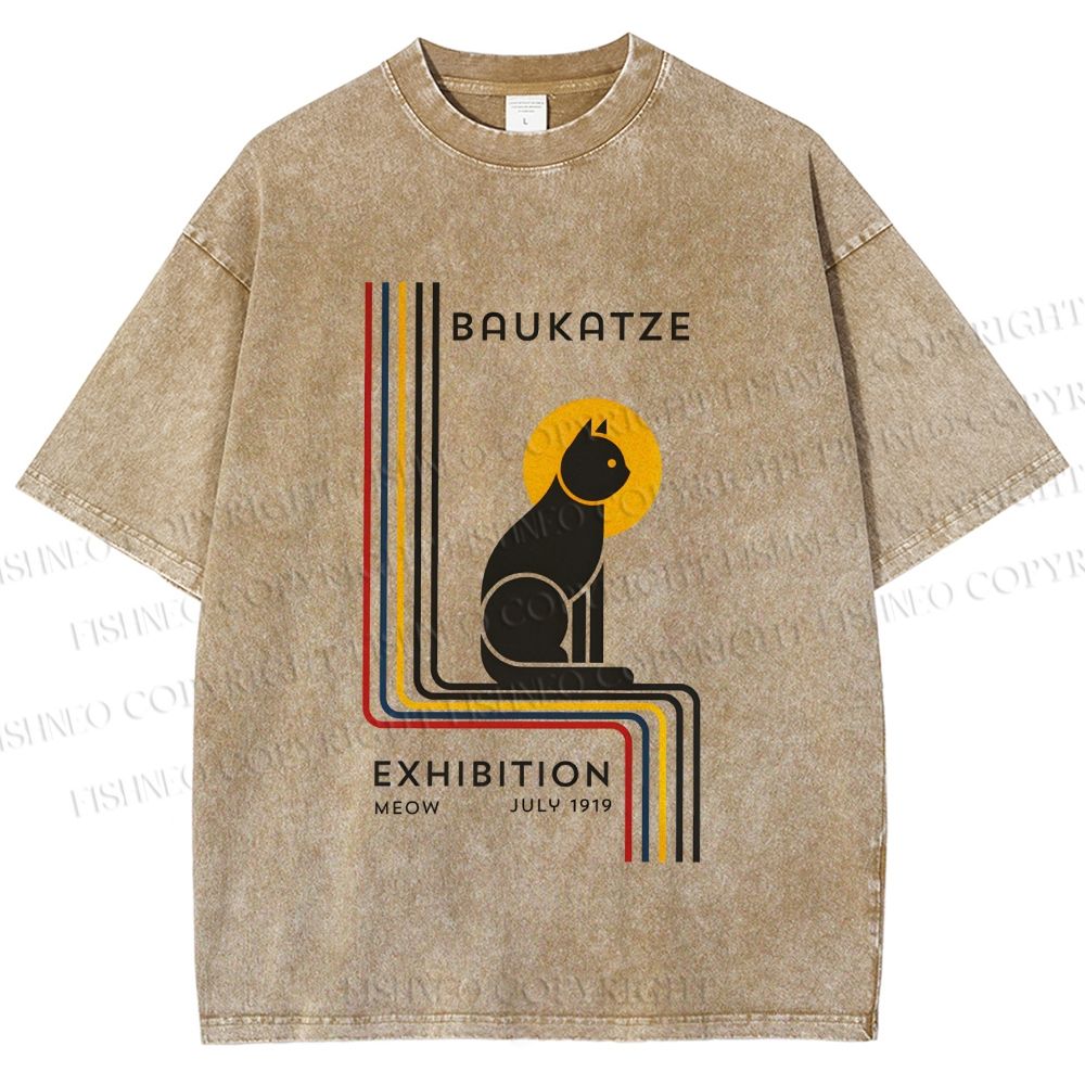 Unisex Bauhaus Geometric Cat Printed Washed Tee