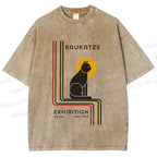 Unisex Bauhaus Geometric Cat Printed Washed Tee