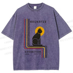 Unisex Bauhaus Geometric Cat Printed Washed Tee
