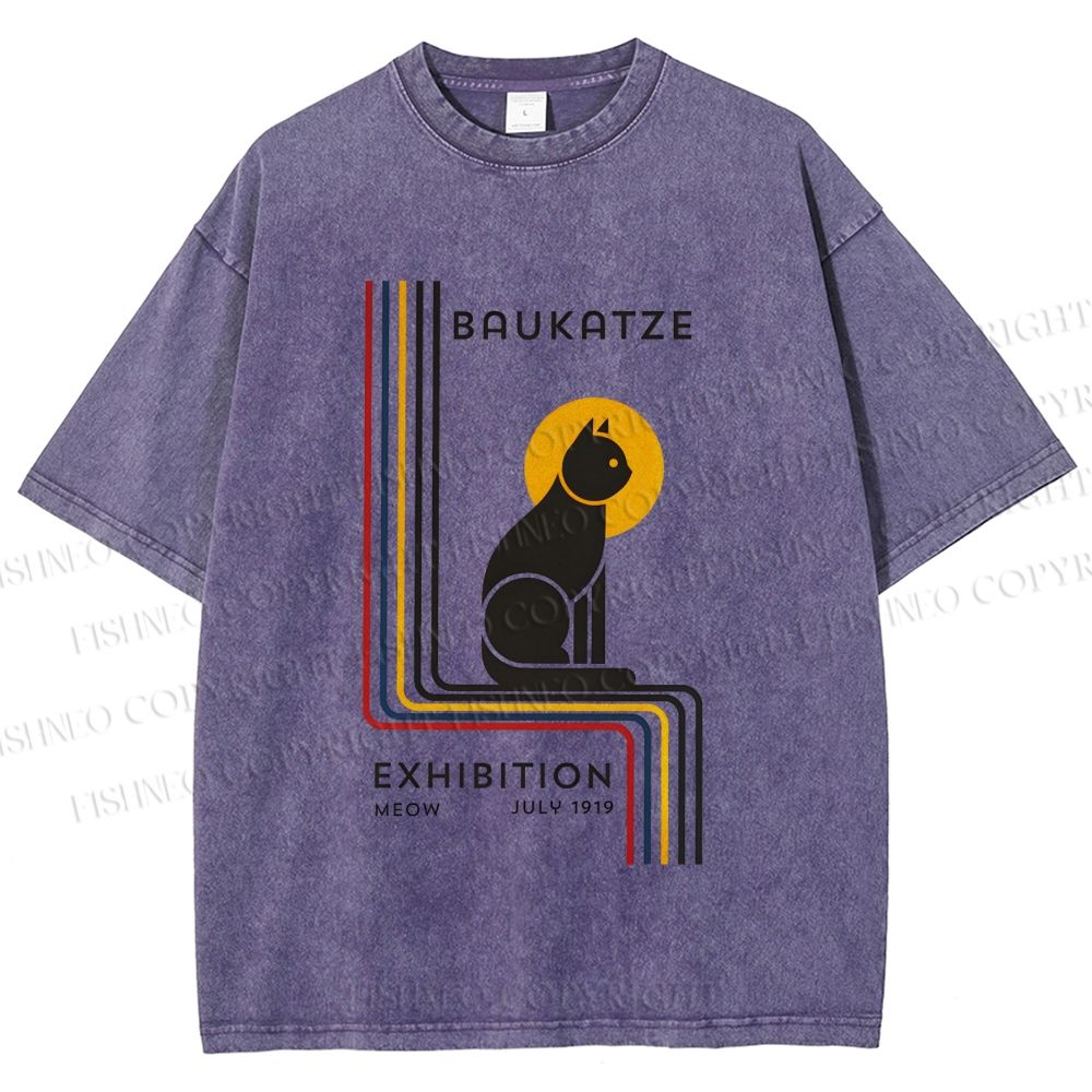 Unisex Bauhaus Geometric Cat Printed Washed Tee