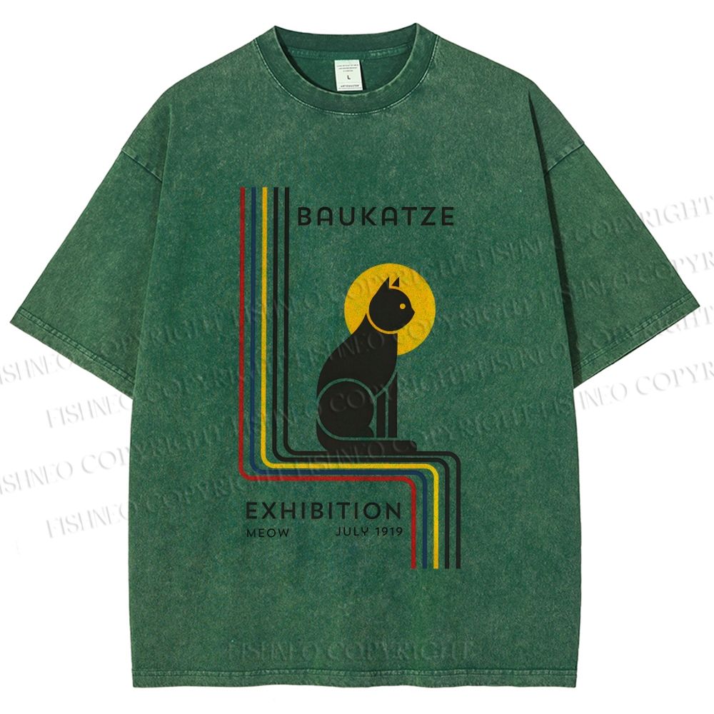 Unisex Bauhaus Geometric Cat Printed Washed Tee
