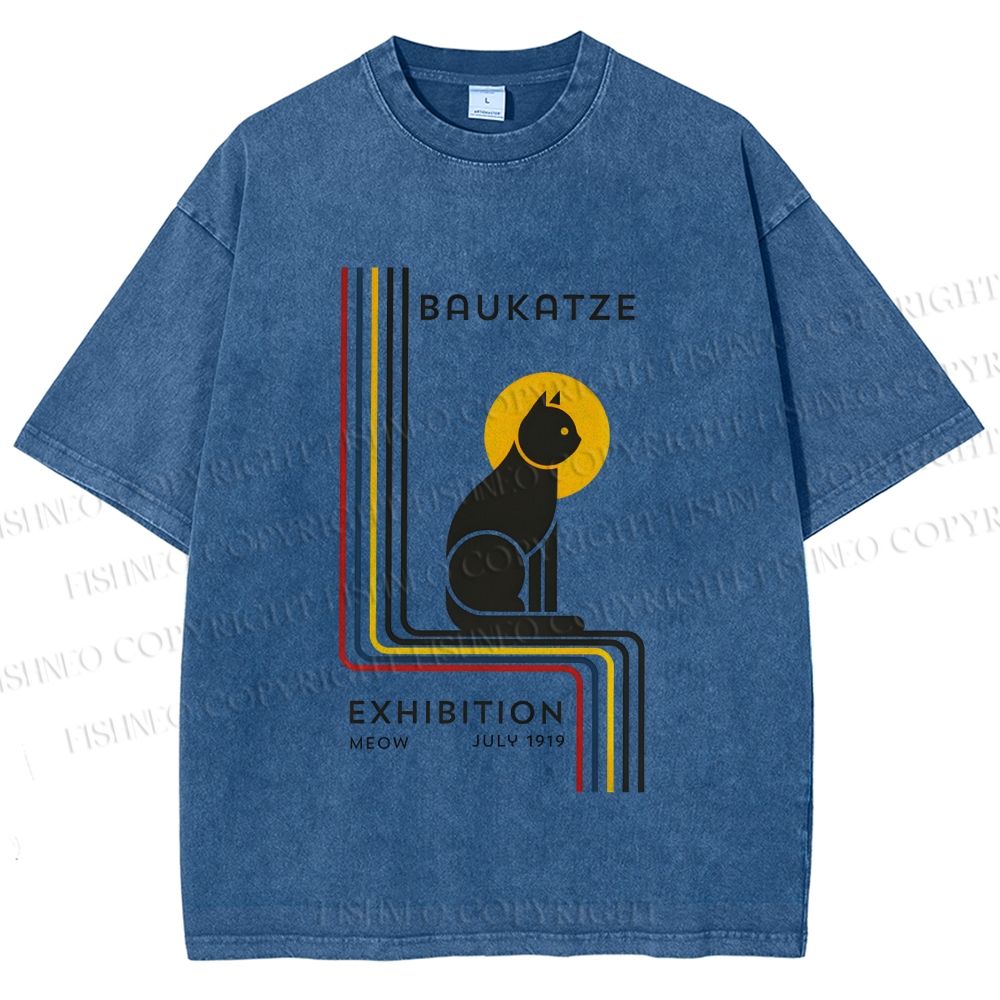 Unisex Bauhaus Geometric Cat Printed Washed Tee