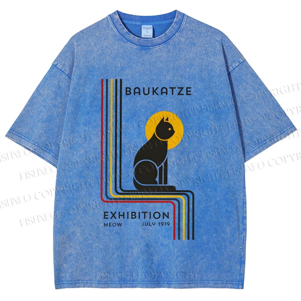 Unisex Bauhaus Geometric Cat Printed Washed Tee