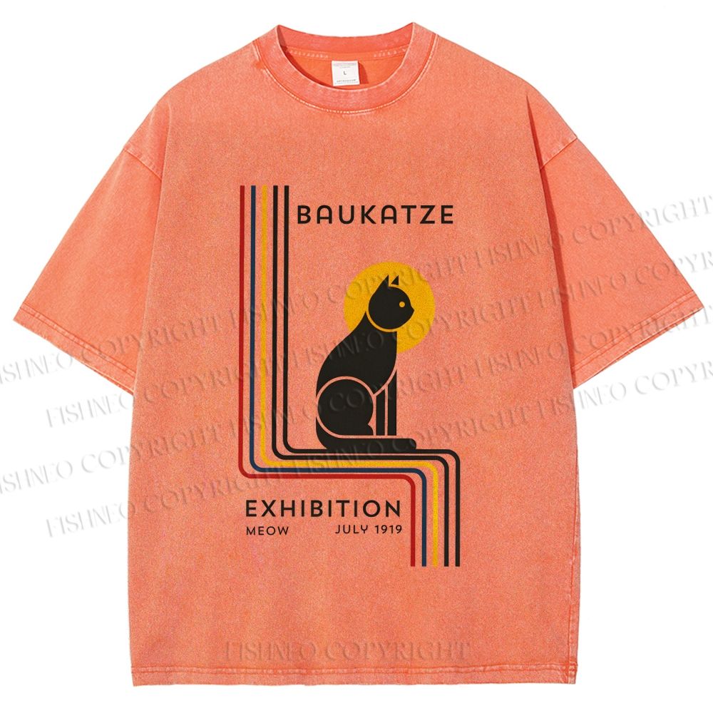Unisex Bauhaus Geometric Cat Printed Washed Tee