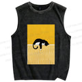 Unisex Geometric Black Cat Printed Washed Tank Top