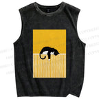 Unisex Geometric Black Cat Printed Washed Tank Top
