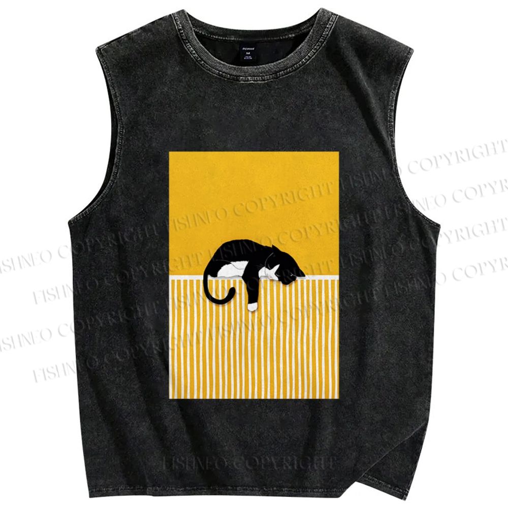 Unisex Geometric Black Cat Printed Washed Tank Top