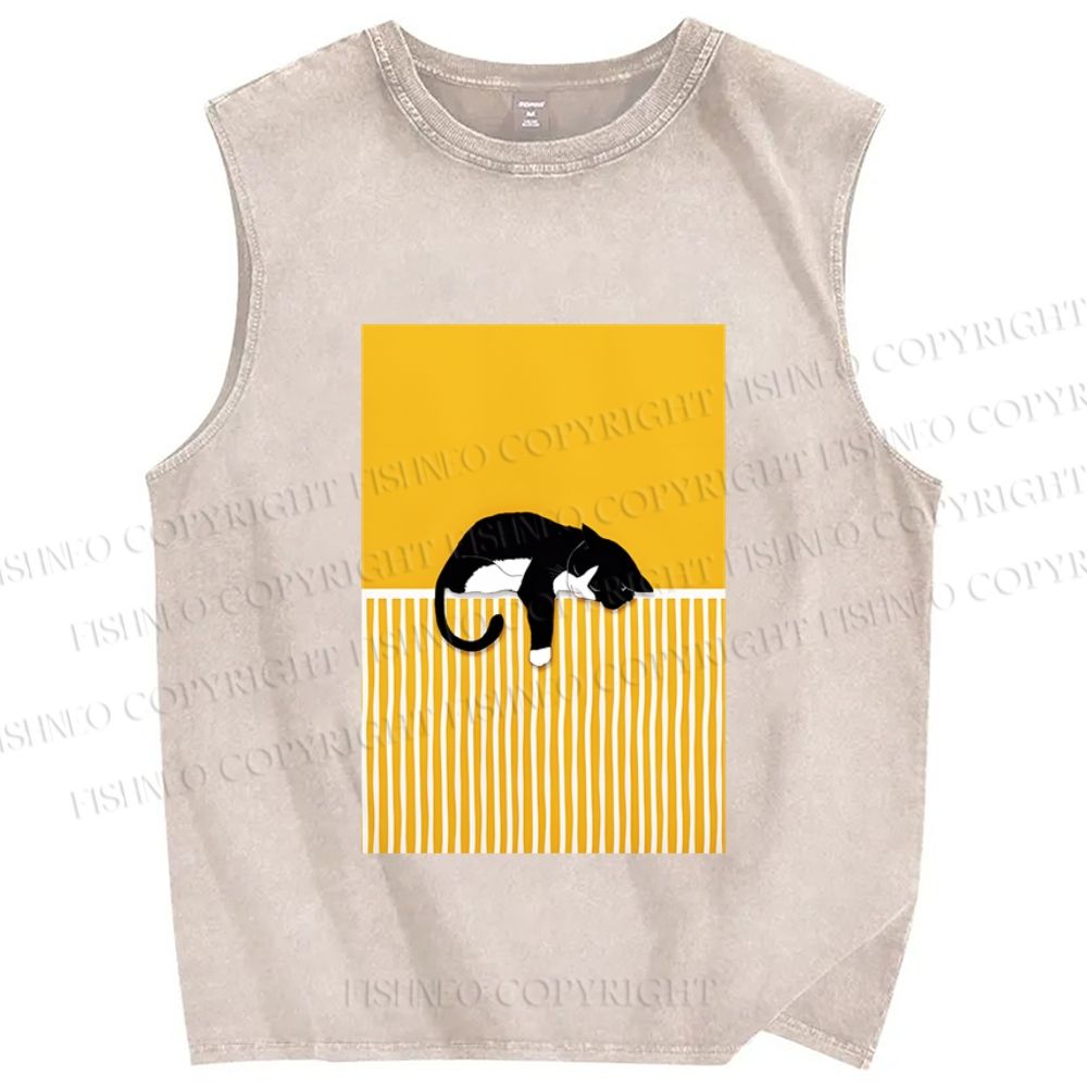 Unisex Geometric Black Cat Printed Washed Tank Top