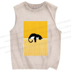 Unisex Geometric Black Cat Printed Washed Tank Top