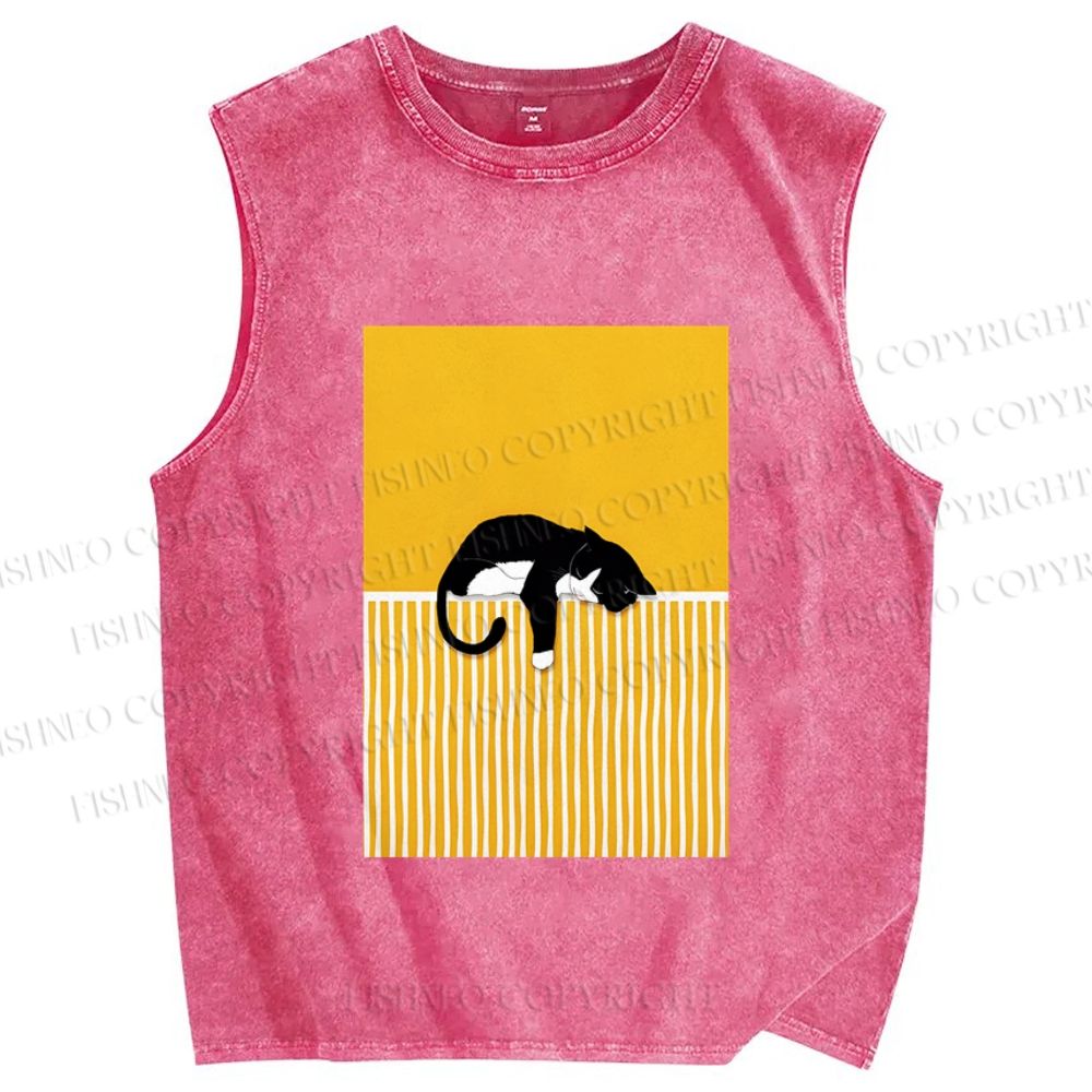 Unisex Geometric Black Cat Printed Washed Tank Top