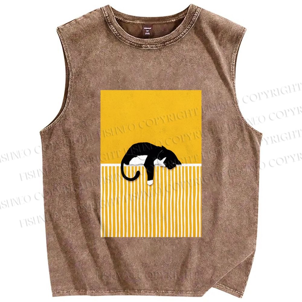 Unisex Geometric Black Cat Printed Washed Tank Top