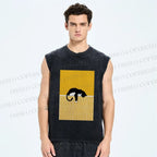 Unisex Geometric Black Cat Printed Washed Tank Top
