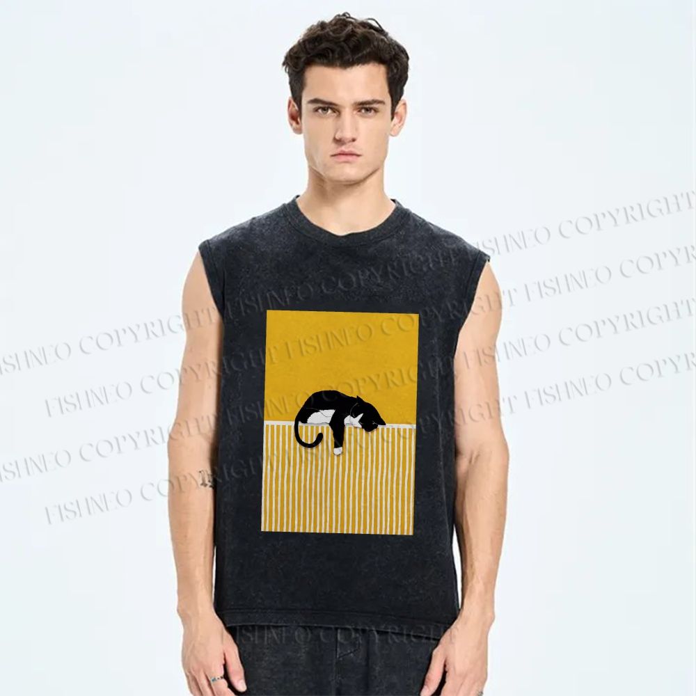 Unisex Geometric Black Cat Printed Washed Tank Top
