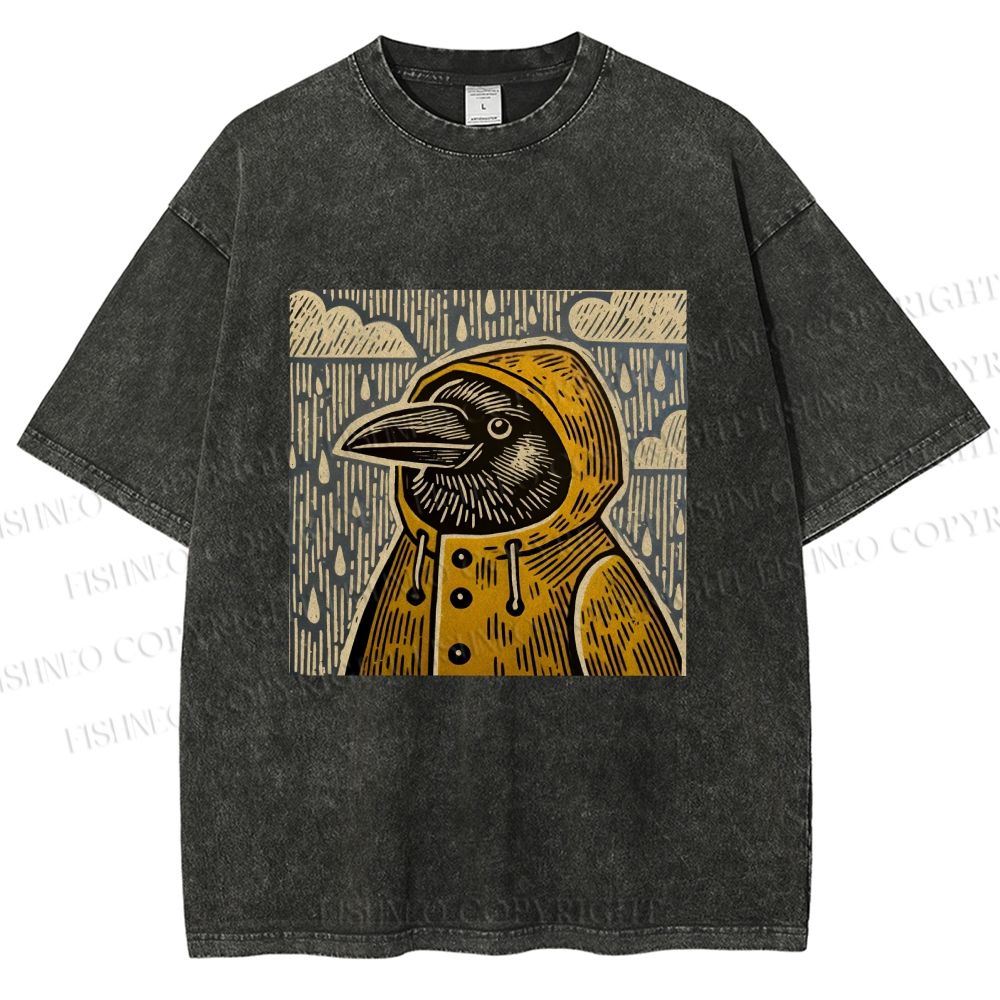 Unisex Funny Bird in Rain Printed Washed Tee