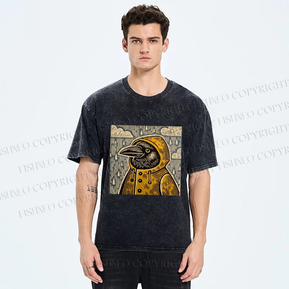 Unisex Funny Bird in Rain Printed Washed Tee