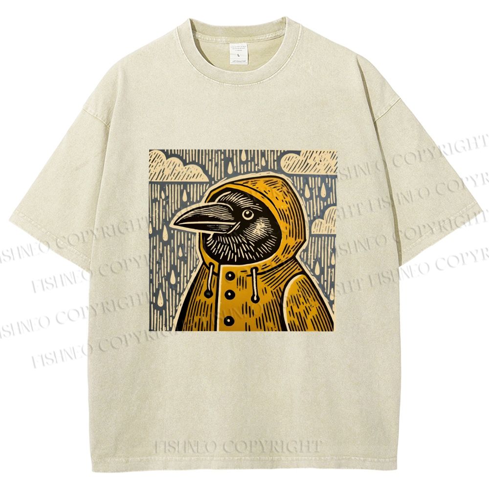 Unisex Funny Bird in Rain Printed Washed Tee
