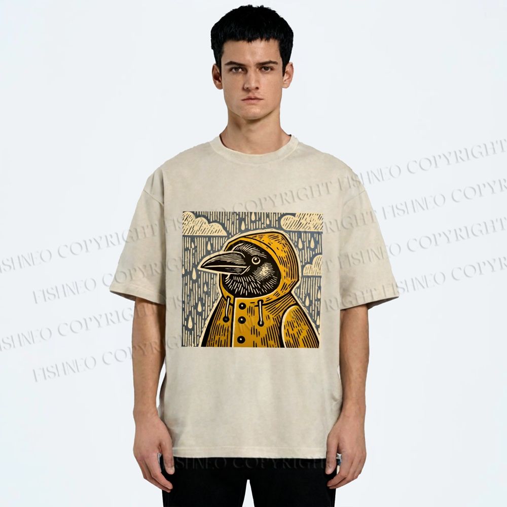 Unisex Funny Bird in Rain Printed Washed Tee
